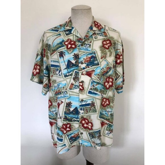 NWT BIG DOGS Short Sleeve Hawaiian Shirt Mens Size Small Postcard Floral Martini - Picture 1 of 8